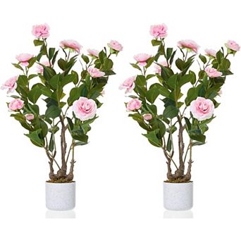 2-Pack 2.46ft Faux Camellia with Speckled Planter & 16 Pink Flowers