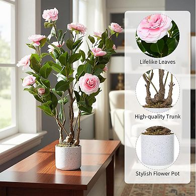 2-Pack 2.46ft Faux Camellia with Speckled Planter & 16 Pink Flowers