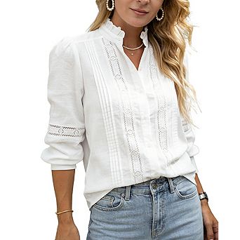 Women's Ruffle Neck Puff Sleeve Blouse Lace Inset Detail Button Front Shirts