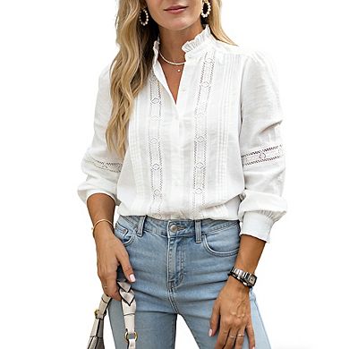 Women's Ruffle Neck Puff Sleeve Blouse Lace Inset Detail Button Front Shirts