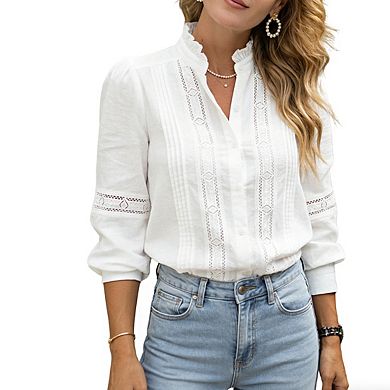 Women's Ruffle Neck Puff Sleeve Blouse Lace Inset Detail Button Front Shirts