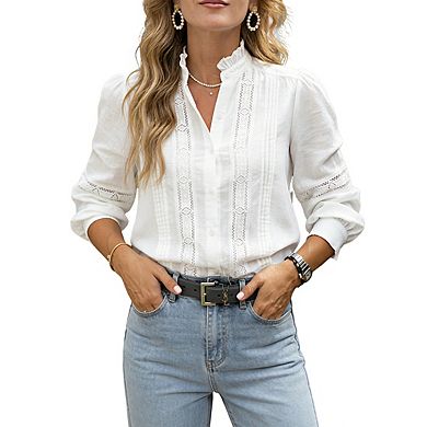 Women's Ruffle Neck Puff Sleeve Blouse Lace Inset Detail Button Front Shirts