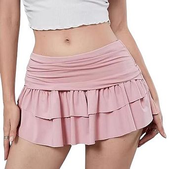 Womens Flounce Tennis Skirt with Zipper A Line Layered Built in Shorts Solid Color Athletic Skort