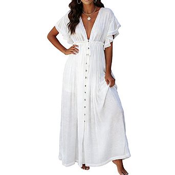 Women's Flowy Maxi Beach Dress Back Tie Deep V Neckline Loose Swimsuits Cover Up