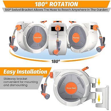 5/8" x 100 ft heavy-duty reel, wall mount, 9 sprays, any-length lock, slow return, 180° swivel.