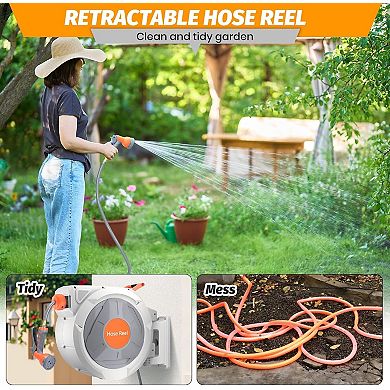 5/8" x 100 ft heavy-duty reel, wall mount, 9 sprays, any-length lock, slow return, 180° swivel.