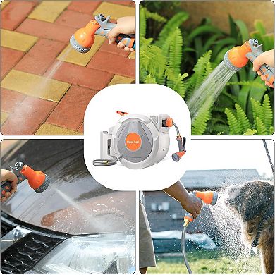 5/8" x 100 ft heavy-duty reel, wall mount, 9 sprays, any-length lock, slow return, 180° swivel.