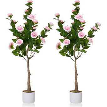 2-Pack 3.6ft Faux Camellia with Speckled Planter & 20 Pink Flowers