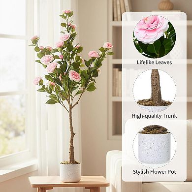 2-Pack 3.6ft Faux Camellia with Speckled Planter & 20 Pink Flowers