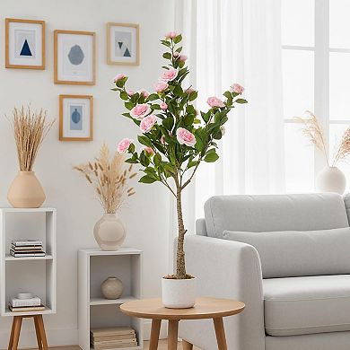 2-Pack 3.6ft Faux Camellia with Speckled Planter & 20 Pink Flowers