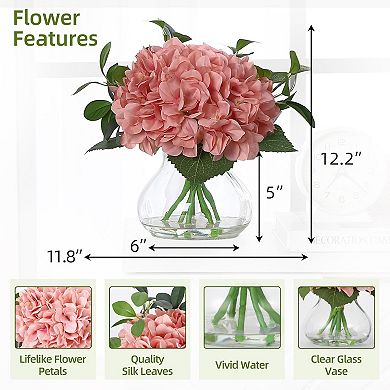 Silk Hydrangea in Glass Vase, Real Touch