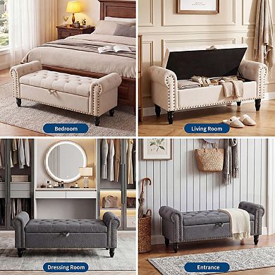 Upholstered Ottoman Bench with Button Tufted Design and Rolled Arms,51inch Bedroom Storage Bench