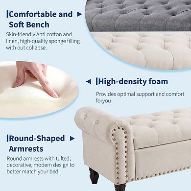 Upholstered Ottoman Bench with Button Tufted Design and Rolled Arms,51inch Bedroom Storage Bench