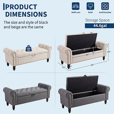 Upholstered Ottoman Bench with Button Tufted Design and Rolled Arms,51inch Bedroom Storage Bench