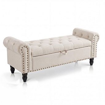 Upholstered Ottoman Bench with Button Tufted Design and Rolled Arms,51inch Bedroom Storage Bench