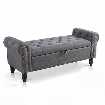 Upholstered Ottoman Bench with Button Tufted Design and Rolled Arms,51inch Bedroom Storage Bench