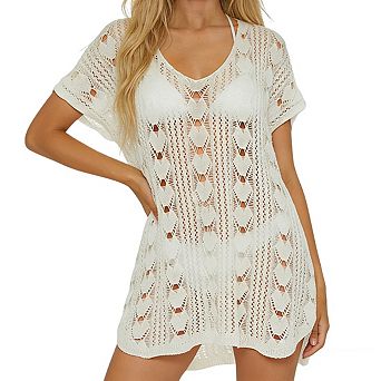 Women's Knit V Neckline Short Batwing Sleeves Loose Fit Swimsuits Cover Up