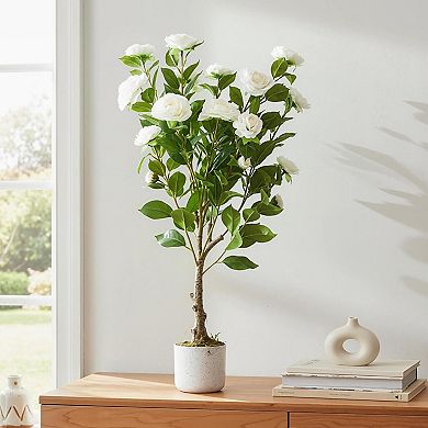 2-Pack 2.8ft Faux Camellia with White Planter & 20 White Flowers