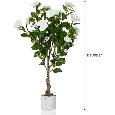 2-Pack 2.8ft Faux Camellia with White Planter & 20 White Flowers