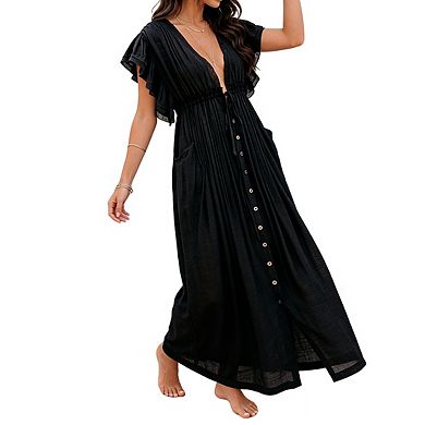 Women's V Neck Cover Up Ruffled Short Sleeves Drawstring Waist Front Button Beach Maxi Dress