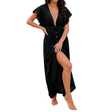 Women's V Neck Cover Up Ruffled Short Sleeves Drawstring Waist Front Button Beach Maxi Dress