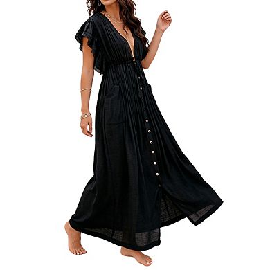Women's V Neck Cover Up Ruffled Short Sleeves Drawstring Waist Front Button Beach Maxi Dress