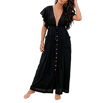 Women's V Neck Cover Up Ruffled Short Sleeves Drawstring Waist Front Button Beach Maxi Dress