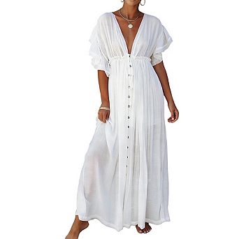 Women's V Neck Cover Up Ruffled Short Sleeves Drawstring Waist Front Button Beach Maxi Dress
