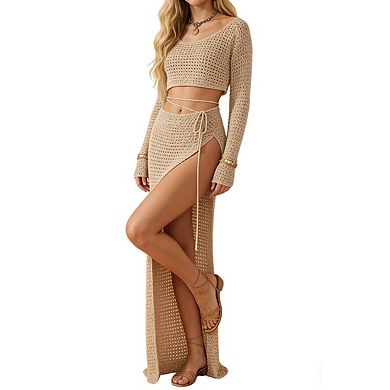 Women's Two Piece Crochet Cover Up Set Long Sleeve Cropped Top High Slit Maxi Skirts