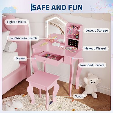 Kids Vanity with Lighted Mirror, Little Girl Vanity and Stool, Toddler Makeup Table Set