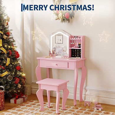 Kids Vanity with Lighted Mirror, Little Girl Vanity and Stool, Toddler Makeup Table Set