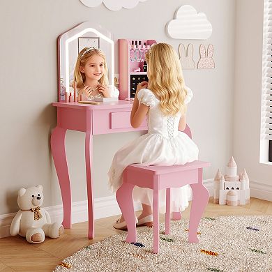 Kids Vanity with Lighted Mirror, Little Girl Vanity and Stool, Toddler Makeup Table Set