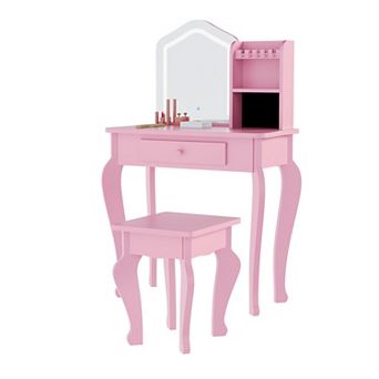 Kids Vanity with Lighted Mirror, Little Girl Vanity and Stool, Toddler Makeup Table Set