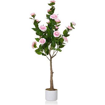 4ft Pink Faux Camellia Tree with White Pot, Lifelike Flowers & Leaves