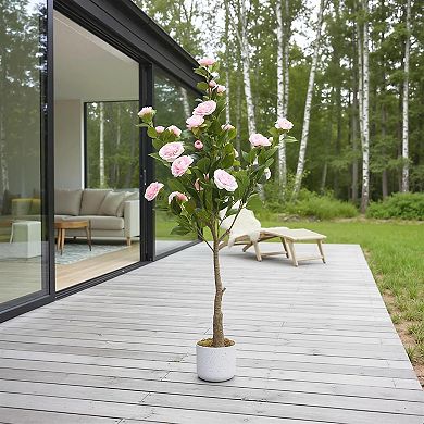 4ft Pink Faux Camellia Tree with White Pot, Lifelike Flowers & Leaves