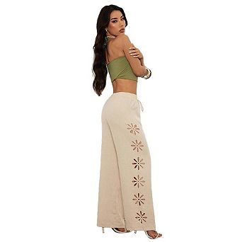 Womens High Waist Casual Wide Leg Pants Solid Color Cut Out Design Loose Fit Straight Leg Trousers
