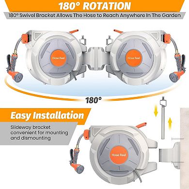 65 ft retractable hose reel, 1/2", auto retract, wall mount, any-length lock, 180° swivel.