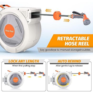 65 ft retractable hose reel, 1/2", auto retract, wall mount, any-length lock, 180° swivel.
