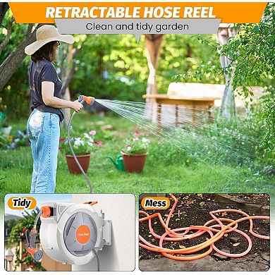 65 ft retractable hose reel, 1/2", auto retract, wall mount, any-length lock, 180° swivel.