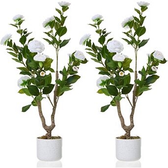2-Pack 2.95ft Faux Camellia with Speckled Planter & 16 White Flowers