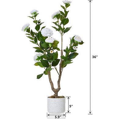 2-Pack 2.95ft Faux Camellia with Speckled Planter & 16 White Flowers