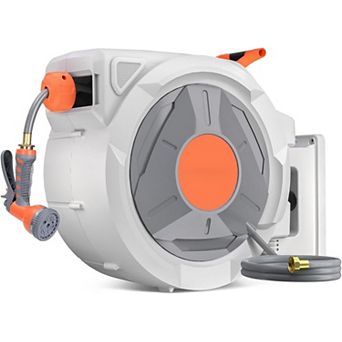 PrecisionAuto 130 ft reel, wall mount, auto rewind, 180° swivel, 9-pattern nozzle, tangle-free.