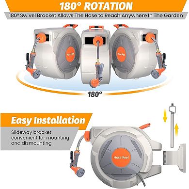 PrecisionAuto 130 ft reel, wall mount, auto rewind, 180° swivel, 9-pattern nozzle, tangle-free.