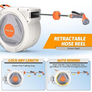 PrecisionAuto 130 ft reel, wall mount, auto rewind, 180° swivel, 9-pattern nozzle, tangle-free.