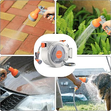 PrecisionAuto 130 ft reel, wall mount, auto rewind, 180° swivel, 9-pattern nozzle, tangle-free.