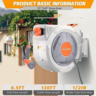 PrecisionAuto 130 ft reel, wall mount, auto rewind, 180° swivel, 9-pattern nozzle, tangle-free.