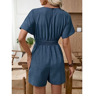 Women Summer Short Rompers V Neck Tie Waist Short Sleeve Jumpsuits with Pockets