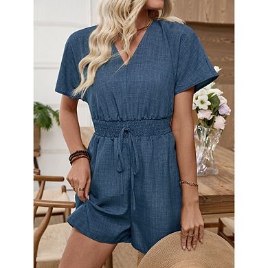Women Summer Short Rompers V Neck Tie Waist Short Sleeve Jumpsuits with Pockets