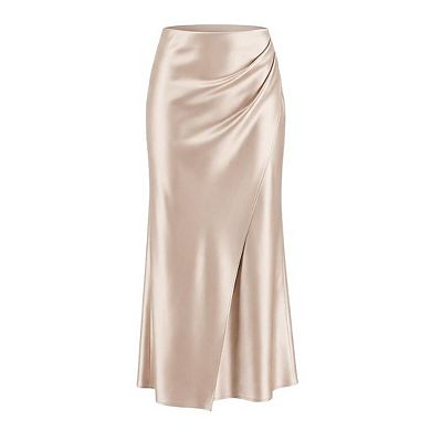 Women's Satin Midi Skirt Elegant Wrap High Waisted With Ruched Fishtail Dressy