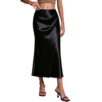 Women's Satin Midi Skirt Elegant Wrap High Waisted With Ruched Fishtail Dressy